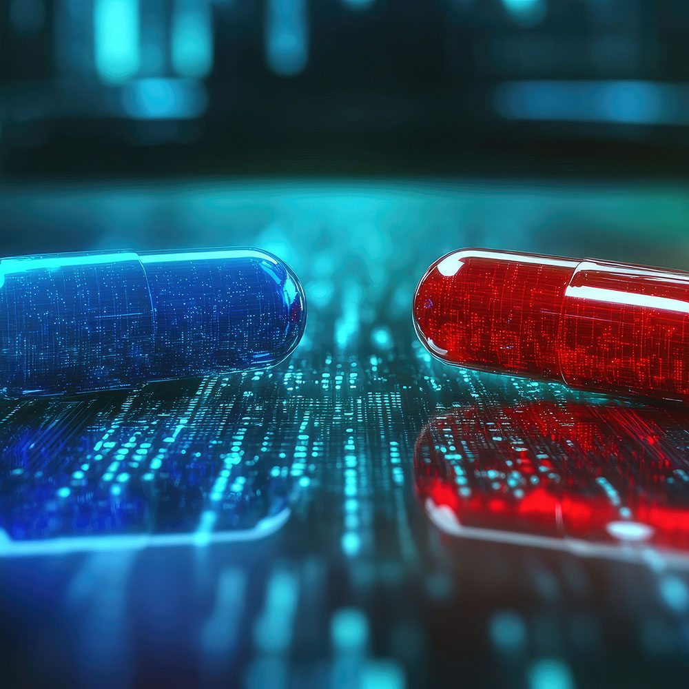 Red pill and blue pill on matrix background